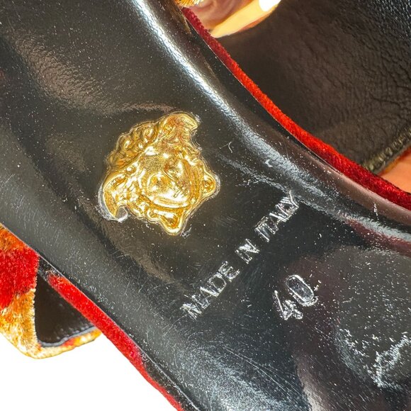 Versace Womens Baroque Velvet Sandals Size 40 Red & Gold Stiletto NIB - Picture 11 of 12